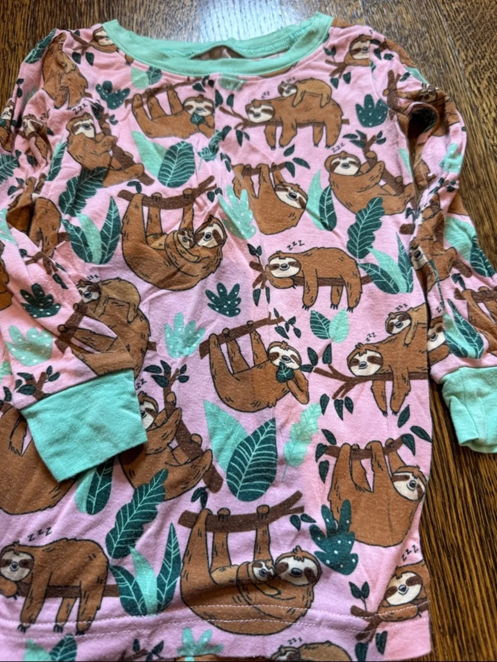 Little Sleepies Pink Sloth Pajama Set with Mint Trim - Picture 3 of 5
